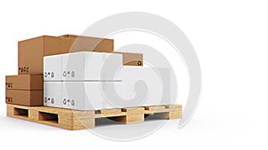 3D illustration cardboard boxes on wooden pallets isolated on a white background. Cardboard boxes for the delivery of