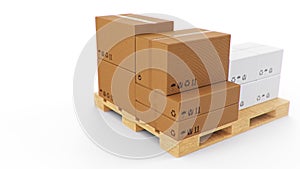 3D illustration cardboard boxes on wooden pallets isolated on a white background. Cardboard boxes for the delivery of