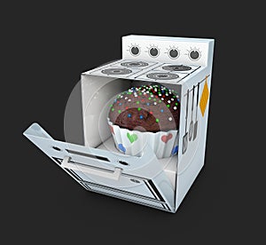 3d Illustration of Cardboard Cooker with Cake inside, Isolated on Black Background.