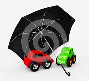 3d Illustration of Cars with umbrella. Safety, insurance, risk concept. Protect auto
