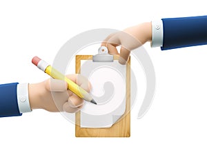 3d illustration. Cartoon businessman character hands holding clipboard and pencil. Fill form concept.