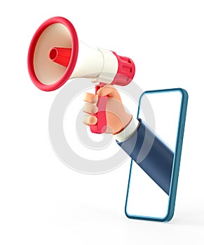 3D illustration of cartoon businessman hand holding megaphone through smartphone screen. Social media concept