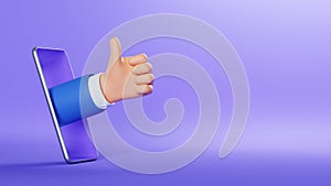 3d illustration. Cartoon character businessman hand shows like gesture, thumbs up, sticking out the smart phone screen. Business