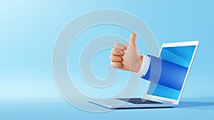 3d illustration. Cartoon character businessman hand shows thumb up, like gesture, sticking out the laptop screen. Successful