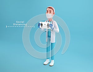3D illustration cartoon character doctor with a paper have text social distancing on hand. 3D rendering
