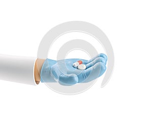 3d illustration. Cartoon character hand in medical glove holding  a handful of pills.
