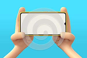 3d illustration of Cartoon hand holding smartphone on blue background. Cartoon modern frameless phone device Mockup. online food