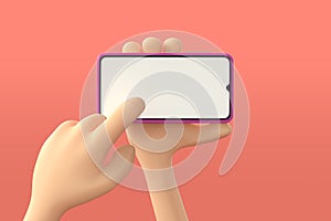 3d illustration of Cartoon hand holding smartphone on pink backdrop. Cartoon modern frameless phone device Mockup. online cosmetic