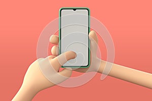 3d illustration of Cartoon hand holding smartphone on pink backdrop. Cartoon phone device Mockup. online cosmetic