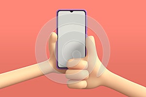 3d illustration of Cartoon hand holding smartphone on pink backdrop. Cartoon phone device Mockup. online cosmetic
