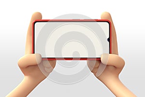 3d illustration of Cartoon hand holding smartphone on white background. Cartoon modern frameless phone device Mockup online shop