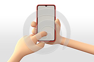 3d illustration of Cartoon hand holding smartphone on white background. Cartoon phone device Mockup. online shopping