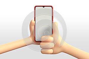 3d illustration of Cartoon hand holding smartphone on white background. Cartoon phone device Mockup. online shopping