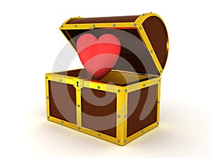 3D Illustration of cartoon heart inside of treasure chest