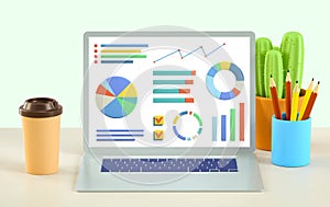 3D illustration of cartoon office workplace with open laptop, pencils, coffee cup and cactus. Computer display with graphs