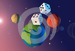 3d illustration. Cartoon planets in space. Dice are falling from above