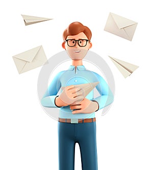 3D illustration of cartoon smiling man holding paper airplane and flying postal envelopes. Email service, social network