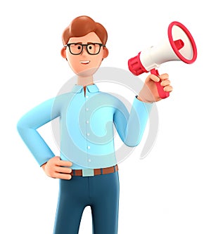 3D illustration of cartoon smiling man holding a speaker. Close up portrait of cute businessman with megaphone looking at camera