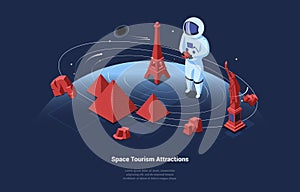 3D Illustration In Cartoon Style With Space Tourism Attractions Writing. Isometric Composition Of Astronaut Tourist In