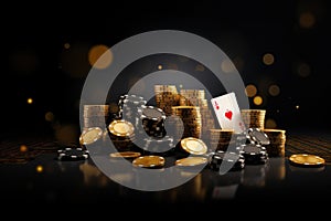 3d illustration of casino chips and cards over black background with bokeh effect, Casino game poker card playing gambling chips