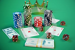 3D illustration casino game. Chips, playing cards for poker. Poker chips, red dice and money on green table. Online