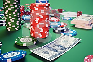3D illustration casino game. Chips, playing cards for poker. Poker chips, red dice and money on green table. Online