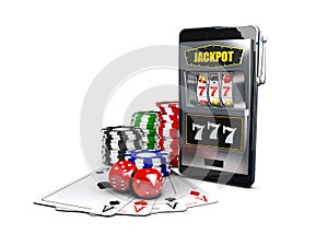 3d illustration of a casino theme with color playing chips, slot machine and poker cards