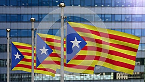 3D illustration Catalonia independent flag in modern city. Catalan estelada