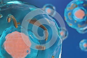 3D illustration cell of a living organism, scientific concept. Illustration on a blue background. The structure of the