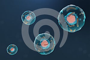 3D illustration cell of a living organism, scientific concept. Illustration on a blue background. The structure of the