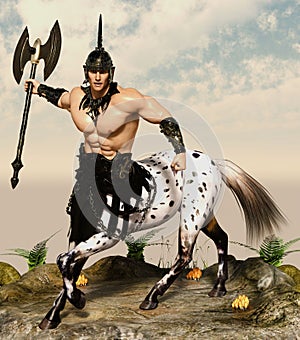 3D Illustration of a centaur with axe and armor ready for battle