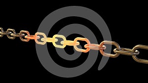 3D illustration of a chain with the middle section glowing red hot