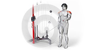 3d illustration of a character exercising Shoulders Cable Lateral Raise muscular