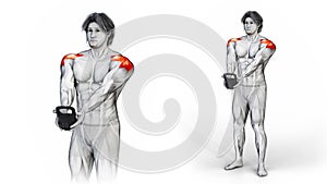 3d illustration of a character exercising Shoulders Kettlebell Front Raise workout