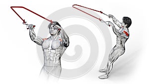 3d illustration of a character male exercising stretch bond high Cable Fly