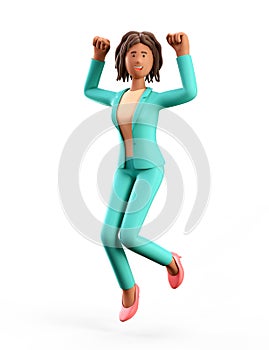 3D illustration of cheerful african american woman jumping celebrating success. Cartoon winning happy businesswoman