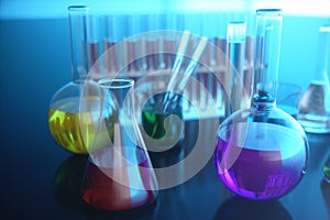 3d illustration of a chemical reaction, the concept of a scientific laboratory on a blue background. Flasks filled with