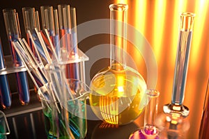 3d illustration of a chemical reaction, the concept of a scientific laboratory on a blue background. Flasks filled with