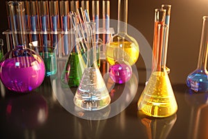 3d illustration of a chemical reaction, the concept of a scientific laboratory on a blue background. Flasks filled with