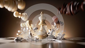 3d illustration, chess game aggressive attack. White king chess piece destroys opponents. Business planning, success concept,