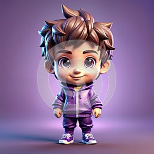 3D illustration of a child boy in a violet sports suit and purple bellies