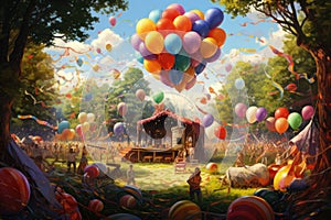 3d illustration of children playing in the park with balloons and streamers, Big festival outdoors with music and balloons, AI