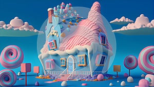 3D illustration for children's book Fantasy Colorful Candyland Background with cupcake, candies, clouds. blue