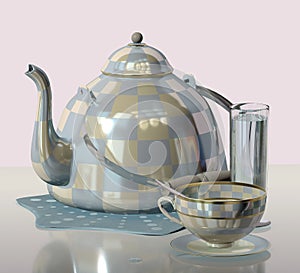 3d illustration of china checkered teakettle glass green apple on glass table in pink room with day light imitation