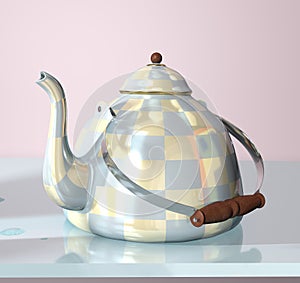 3d illustration of china checkered teakettle on glass table in pink room