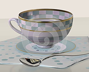 3d illustration of china porcelain checkered tea cup spoon on glass table in pink room with day light imitation