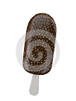 3D illustration of chocolate ice cream bar with nuts isolated on white background, work path or clipping path included