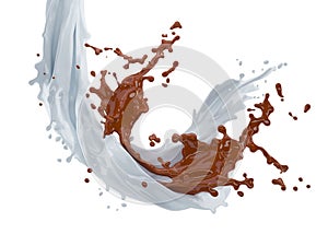 3d illustration of chocolate and milk splash on white background with clipping path
