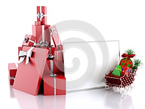 3d illustration Christmas paper card with gift boxes on white ba