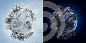 3d illustration of the Christmas planet with Christmas tree and Christmas presents near the frosty road.